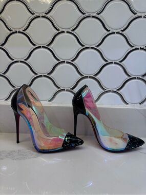 Christian Louboutin Iridescent Clear Pumps with Black Marbled Pointed Toe